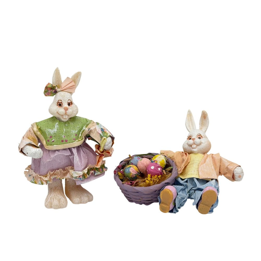 Vtg‎ Paper Mache Bunny Rabbit Couple Easter Decor Set Figurines Anthropomorphic